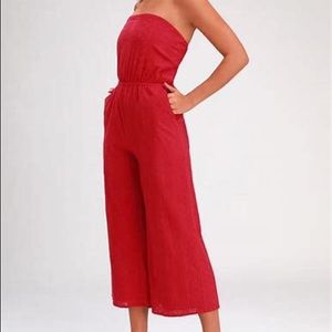 Lulus red embroidered cropped jumpsuit